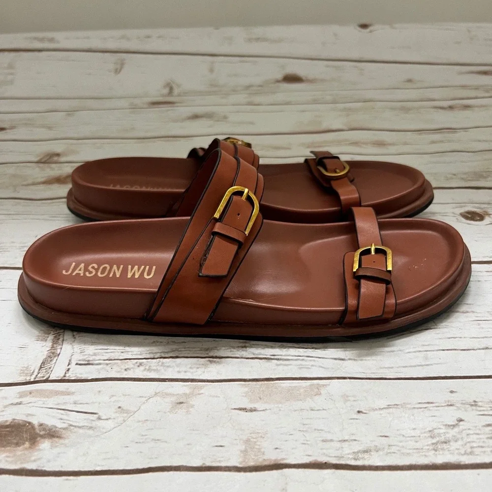 Jason Wu Slide Sandals Cognac Brown Double Buckle Strap 9.5
